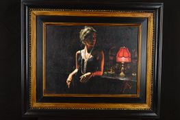 FABIAN PEREZ (ARGENTINIAN 1967), 'Marina in Red Light', a woman wearing a black dress, standing at a