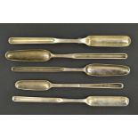 FOUR GEORGE II SILVER DOUBLE ENDED MARROW SCOOPS, makers include James Tookey and all London assayed