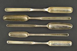 FOUR GEORGE II SILVER DOUBLE ENDED MARROW SCOOPS, makers include James Tookey and all London assayed