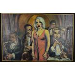 ALEXANDER MOFFAT (BRITISH 1943), an untitled painting of a Jazz Band with a female singer, oil on