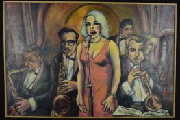 ALEXANDER MOFFAT (BRITISH 1943), an untitled painting of a Jazz Band with a female singer, oil on