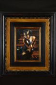 FABIAN PEREZ (ARGENTINIAN 1967), 'Saba on The Stairs', a woman wearing a black dress and gloves in a