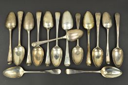 FIFTEEN GEORGE III SILVER OLD ENGLISH PATTERN TABLESPOONS, various makers and dates, including