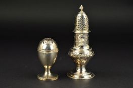 A GEORGE III SILVER PEPPERETTE, of ovoid form, pull off cover, gilt interior, engraved initials,