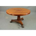 AN EARLY VICTORIAN ROSEWOOD CENTRE TABLE, the circular tilt top with moulded edge, on an octagonal