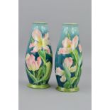 A PAIR OF DOULTON LAMBETH FAIENCE VASES, being of baluster form with Iris flower decoration,