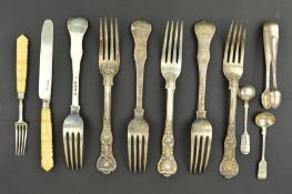 A SET OF SIX VICTORIAN QUEEN'S PATTERN SILVER TABLE FORKS, engraved initial 'D', maker Francis