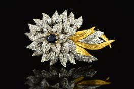 A LATE 20TH CENTURY SAPPHIRE AND DIAMOND FLORAL AND FOLIATE SPRAY BROOCH, measuring approximately