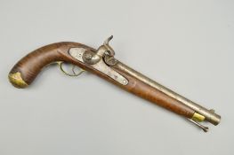 AN ANTIQUE 16 BORE 11'' BARREL PERCUSSION SINGLE BARREL PISTOL, of native manufacture, its action is