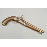 AN ANTIQUE 16 BORE 11'' BARREL PERCUSSION SINGLE BARREL PISTOL, of native manufacture, its action is