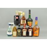 A COLLECTION OF NINE BOTTLES OF SPIRITS, comprising a bottle of Courvoisier VSOP, a bottle of