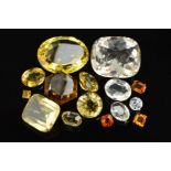 A SELECTION OF MAINLY LOOSE FACETED CITRINES, to include smokey quartz, rock crystal, citrines, a