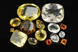 A SELECTION OF MAINLY LOOSE FACETED CITRINES, to include smokey quartz, rock crystal, citrines, a