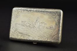 A LATE 19TH/EARLY 20TH CENTURY RUSSIAN SILVER CIGARETTE CASE, the hinged cover engraved with a man
