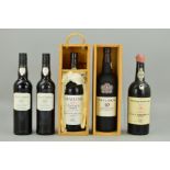 THREE BOTTLES OF VINTAGE AND NON-VINTAGE PORT AND TWO BOTTLES OF MADEIRA, comprising of a bottle