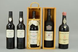 THREE BOTTLES OF VINTAGE AND NON-VINTAGE PORT AND TWO BOTTLES OF MADEIRA, comprising of a bottle