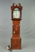 A GEORGE III WALNUT AND SATINWOOD BANDED EIGHT DAY LONGCASE CLOCK, the hood with swan neck