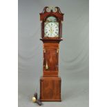 A GEORGE III WALNUT AND SATINWOOD BANDED EIGHT DAY LONGCASE CLOCK, the hood with swan neck