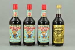 FOUR BOTTLES OF WOOD'S OLD NAVY RUM, 1960's/1970's bottling, 26 2/3 floz, 100% proof, fill levels