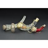 A VICTORIAN CLEAR GLASS FACET CUT SCENT FLASK, of horn form, with gilt metal mounts, chain and