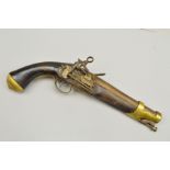 A 25 BORE ANTIQUE MIQUELET MILITARY DESIGN SPANISH MANUFACTURED SINGLE BARREL PISTOL, the top of the
