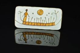 A NORWEGIAN ENAMEL ROCK CARVING BROOCH BY DAVID ANDERSON, of curved rectangular outline, depicting a