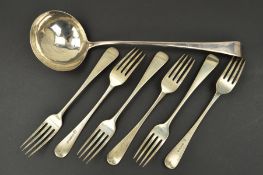 A SET OF SIX GEORGE III SILVER OLD ENGLISH PATTERN TABLE FORKS, makers Peter & William Bateman,