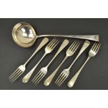 A SET OF SIX GEORGE III SILVER OLD ENGLISH PATTERN TABLE FORKS, makers Peter & William Bateman,