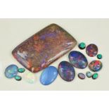 A MIXED COLLECTION OF OPAL DOUBLETS, SYNTHETICS AND SUGAR ACID TREATED STONES AND SPECIMENS