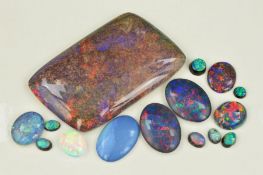 A MIXED COLLECTION OF OPAL DOUBLETS, SYNTHETICS AND SUGAR ACID TREATED STONES AND SPECIMENS