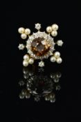A DIAMOND, BROWN ZIRCON AND CULTURED PEARL SMALL BROOCH, centring on a round mixed cut brown zircon,
