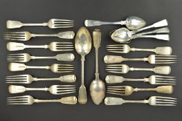 A PARCEL OF 19TH CENTURY SILVER FIDDLE PATTERN FLATWARE, comprising a pair of tablespoons, makers