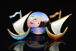 THREE NORWEGIAN ENAMEL BROOCHES BY IVAR T. HOLTH, the first of circular outline depicting a