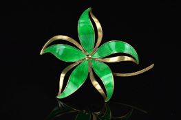 A NORWEGIAN ENAMEL BROOCH BY HROAR PRYDZ, designed as a green guilloche enamel flower, with maker'