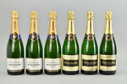 SIX BOTTLES OF CHAMPAGNE, comprising three bottles of Nicholas Feuillatte and three bottles of