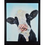 CAROL GILLAN (BRITISH 1961), 'Bluebelle', a quirky portrait of a cow, oil on canvas, signed bottom