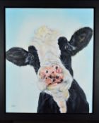 CAROL GILLAN (BRITISH 1961), 'Bluebelle', a quirky portrait of a cow, oil on canvas, signed bottom