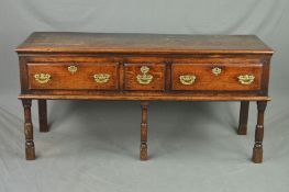 A GEORGE III OAK DRESSER BASE, with two long and one short drawer with brass swan neck handles and