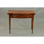 A GEORGE III FRUITWOOD AND MAHOGANY SERPENTINE FOLD OVER TEA TABLE, fitted with along frieze