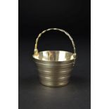 A GEORGE II SILVER CREAM PAIL, of coopered bucket form, oval lattice work swing handle, worn