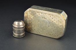 A GEORGE III SILVER SNUFF BOX, of canted rectangular form, bright cut engraved, the hinged cover