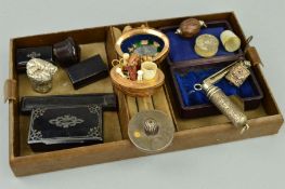 A PARCEL OF 19TH AND 20TH CENTURY SEWING REQUISITES, walnut cased etui, papier mache snuff boxes,