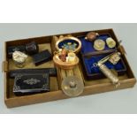 A PARCEL OF 19TH AND 20TH CENTURY SEWING REQUISITES, walnut cased etui, papier mache snuff boxes,