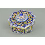 AN EARLY 20TH CENTURY CONTINENTAL FAIENCE INKSTAND, of shaped square form, concave corners, with