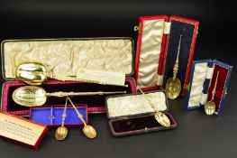 SIX SILVER GILT REPLICA ANOINTING/CORONATION SPOONS, various sizes, two in cases commemorating