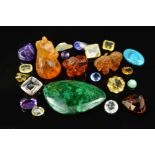 A SELECTION OF MAINLY SEMI PRECIOUS LOOSE GEMS, to include carved amber animals, amethysts, snow