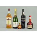 FOUR BOTTLES OF WHISKY, CHAMPAGNE, PORT AND A LIQUEUR, comprising a litre bottle of Bell's Whisky, a