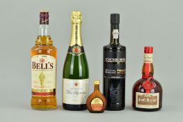 FOUR BOTTLES OF WHISKY, CHAMPAGNE, PORT AND A LIQUEUR, comprising a litre bottle of Bell's Whisky, a