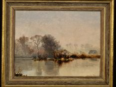 ALFRED DE BREANSKI SNR (BRITISH 1852-1928), Misty Winter landscape with expanse of water to the