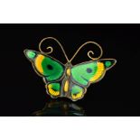 A NORWEGIAN ENAMEL BUTTERFLY BROOCH BY DAVID ANDERSEN, in green, yellow and black guilloche